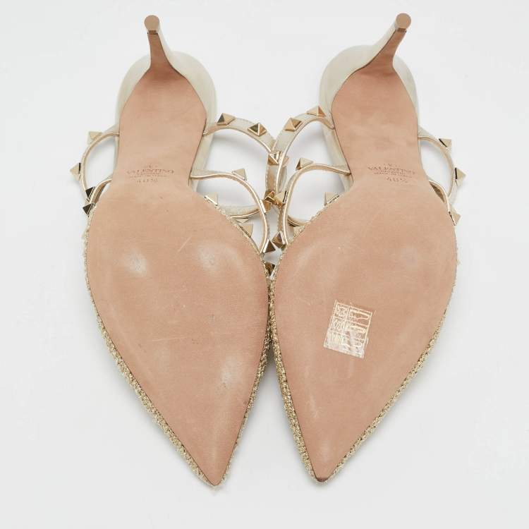 Pre Owned Valentino Gold Woven Lurex Fabric Rockstud Heel Mules Size 40.5