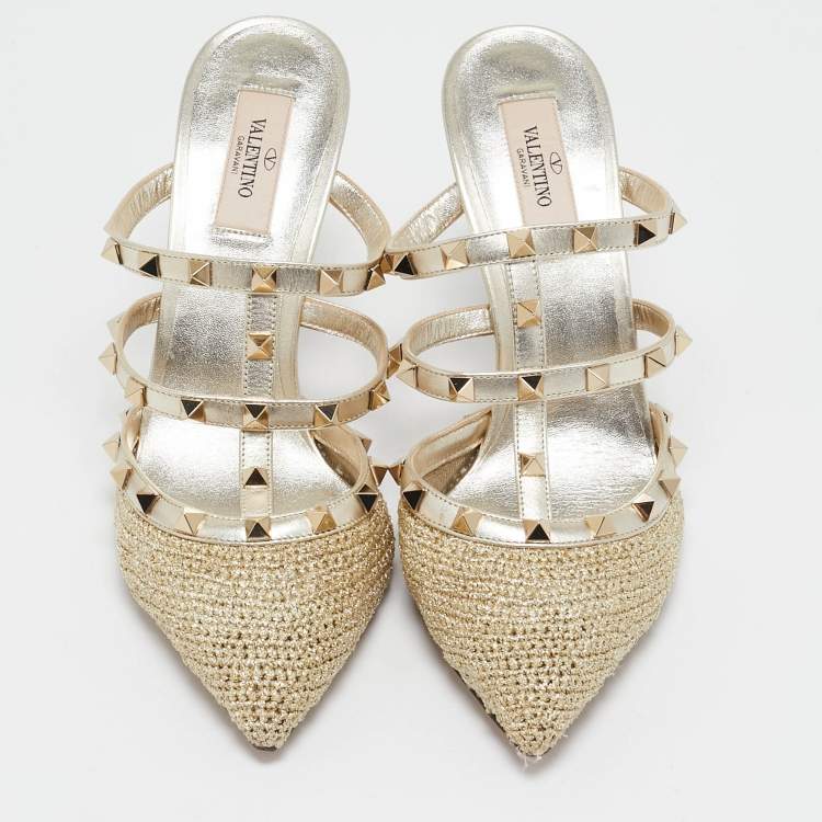 Pre Owned Valentino Gold Woven Lurex Fabric Rockstud Heel Mules Size 40.5