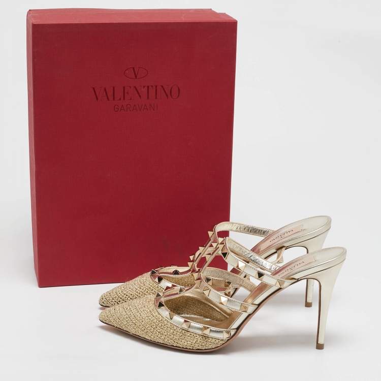 Pre Owned Valentino Gold Woven Lurex Fabric Rockstud Heel Mules Size 40.5