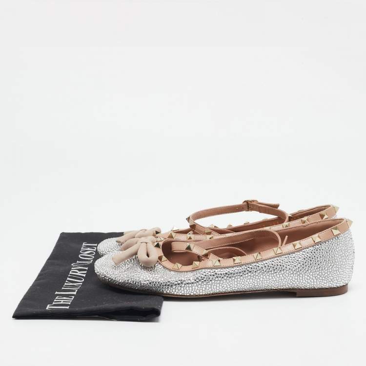 Pre Owned Valentino Beige/Silver Leather Crystal Embellished Rockstud Ballet Flats Size 39.5