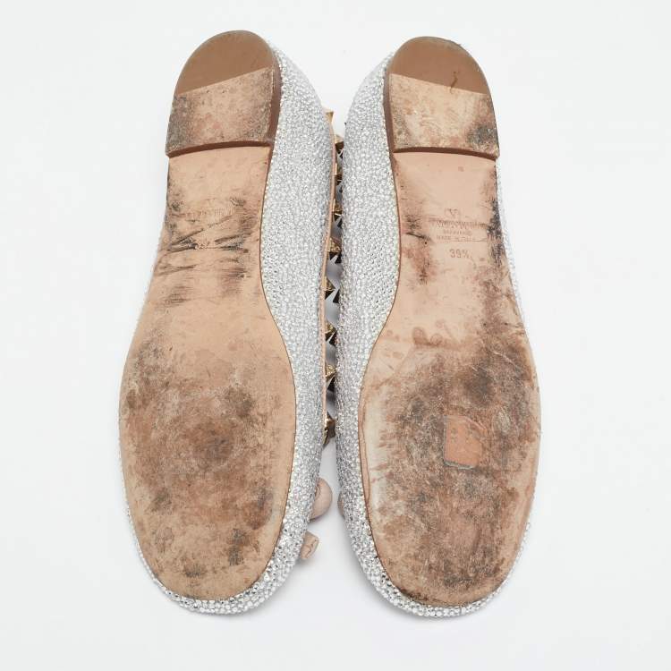 Pre Owned Valentino Beige/Silver Leather Crystal Embellished Rockstud Ballet Flats Size 39.5