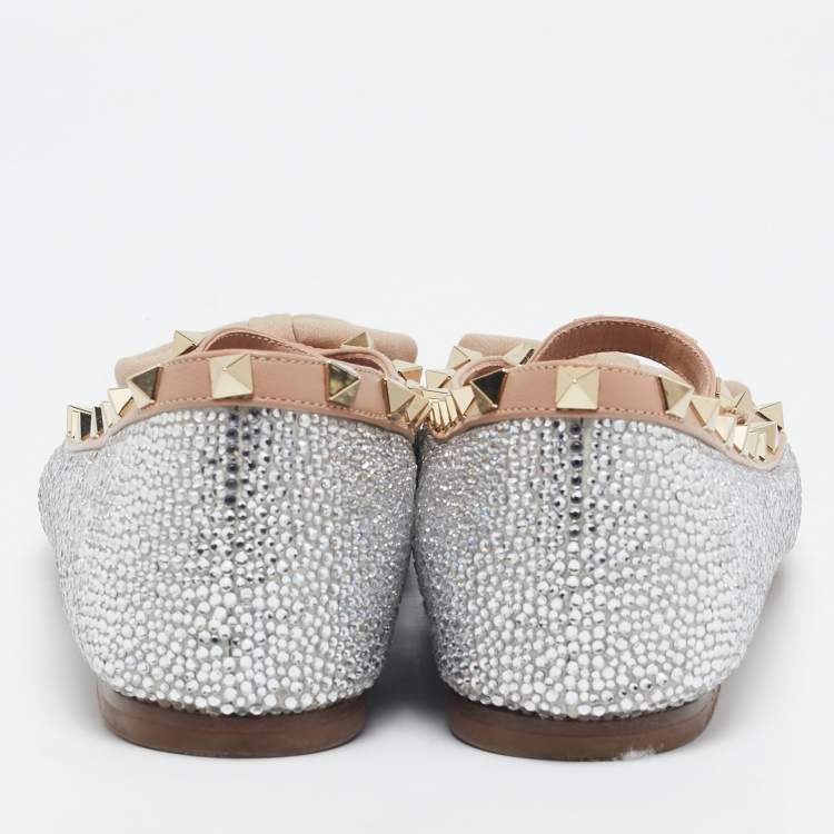 Pre Owned Valentino Beige/Silver Leather Crystal Embellished Rockstud Ballet Flats Size 39.5