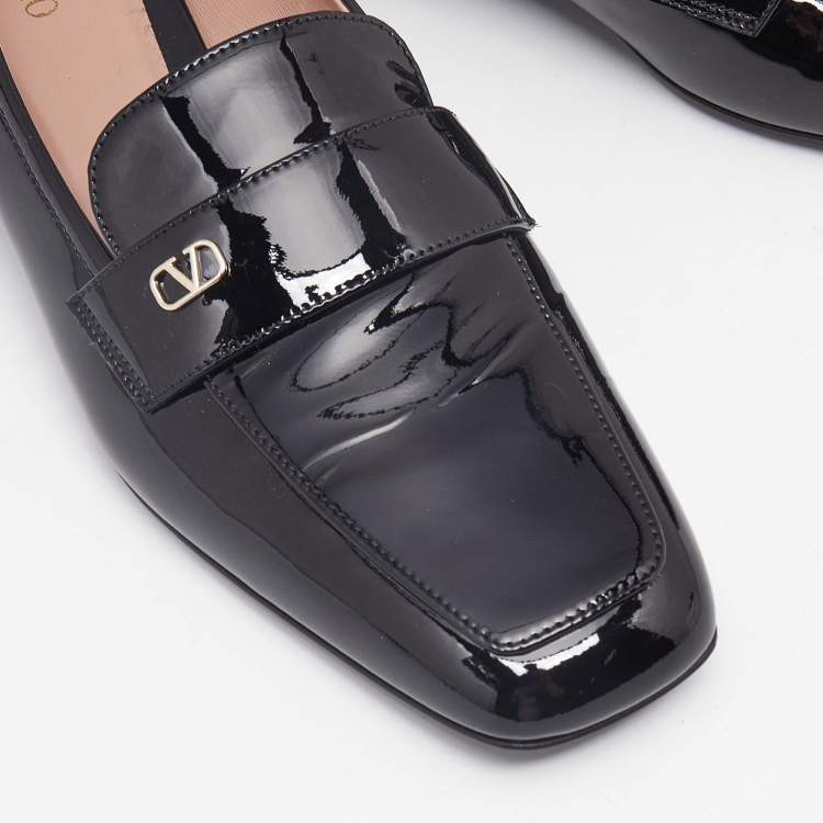 Pre Owned Valentino Black Patent Leather Vlogo Loafers Size 39.5