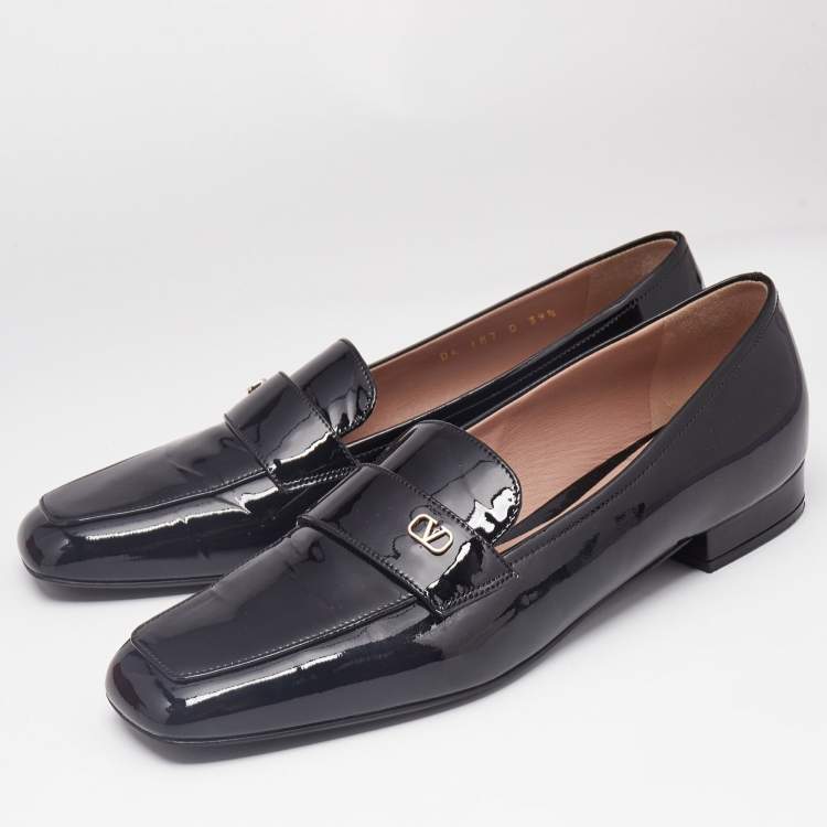 Pre Owned Valentino Black Patent Leather Vlogo Loafers Size 39.5
