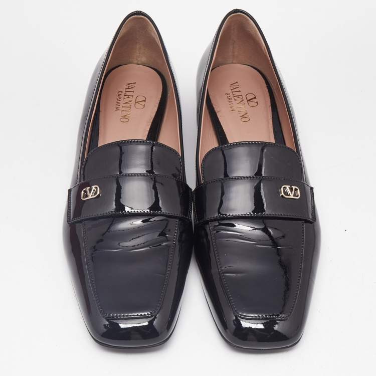 Pre Owned Valentino Black Patent Leather Vlogo Loafers Size 39.5
