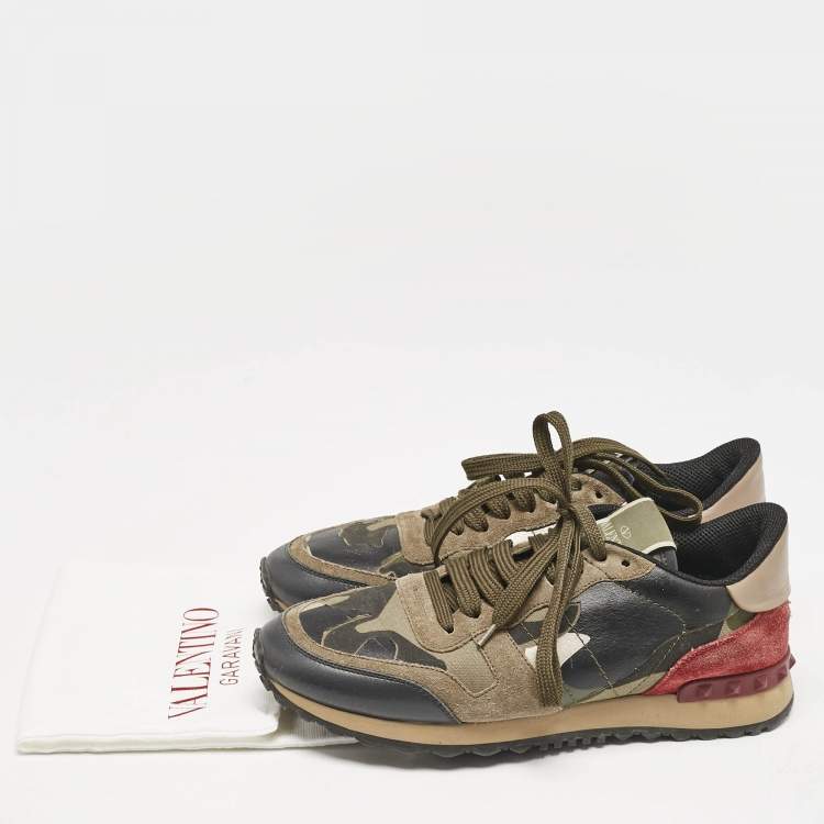 Pre Owned Valentino Multicolor Camouflage Suede and Leather Rockrunner Sneakers Size 39.5