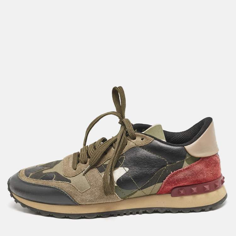 Pre Owned Valentino Multicolor Camouflage Suede and Leather Rockrunner Sneakers Size 39.5