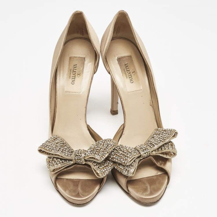 Pre Owned Valentino Beige Satin Couture Bow D 'Orsay Peep Toe Pumps Size 37.5