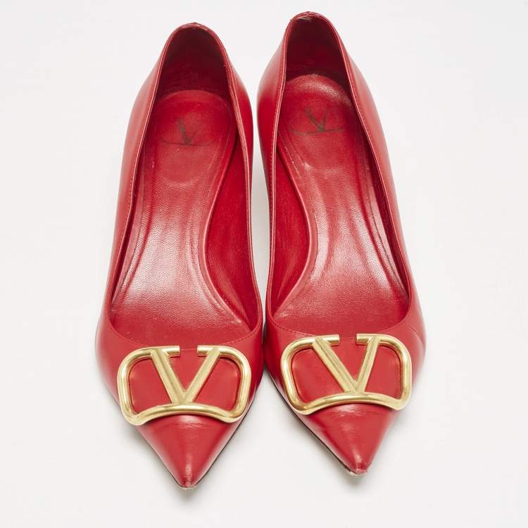 Pre Owned Valentino Red Leather VLogo Pointed Toe Pumps Size 37.5
