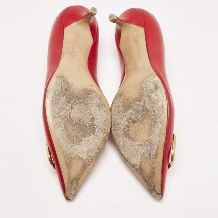 Pre Owned Valentino Red Leather VLogo Pointed Toe Pumps Size 37.5