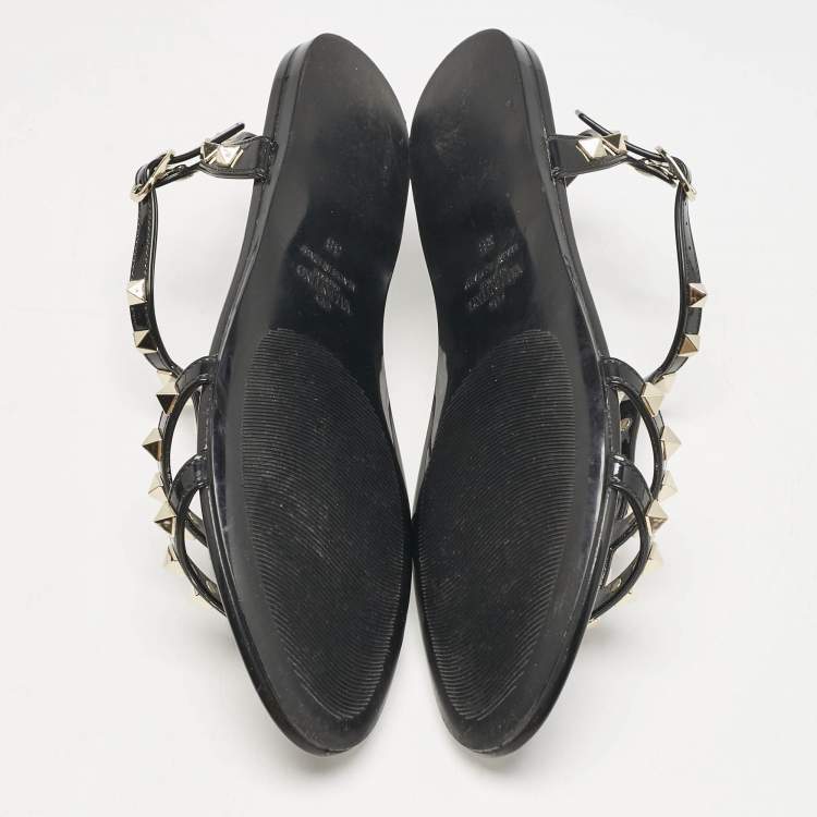 Pre Owned Valentino Black Rubber Rockstud Ankle Strap Flat Sandals Size 38