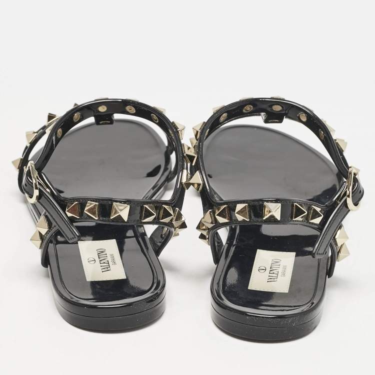 Pre Owned Valentino Black Rubber Rockstud Ankle Strap Flat Sandals Size 38