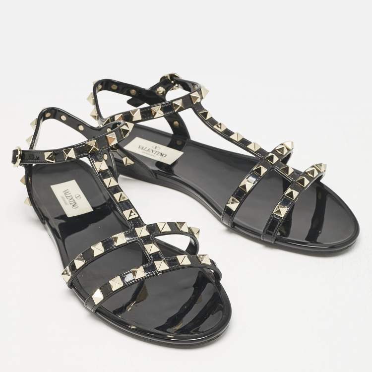 Pre Owned Valentino Black Rubber Rockstud Ankle Strap Flat Sandals Size 38