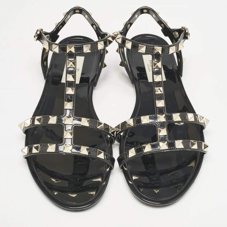 Pre Owned Valentino Black Rubber Rockstud Ankle Strap Flat Sandals Size 38