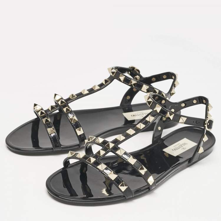Pre Owned Valentino Black Rubber Rockstud Ankle Strap Flat Sandals Size 38