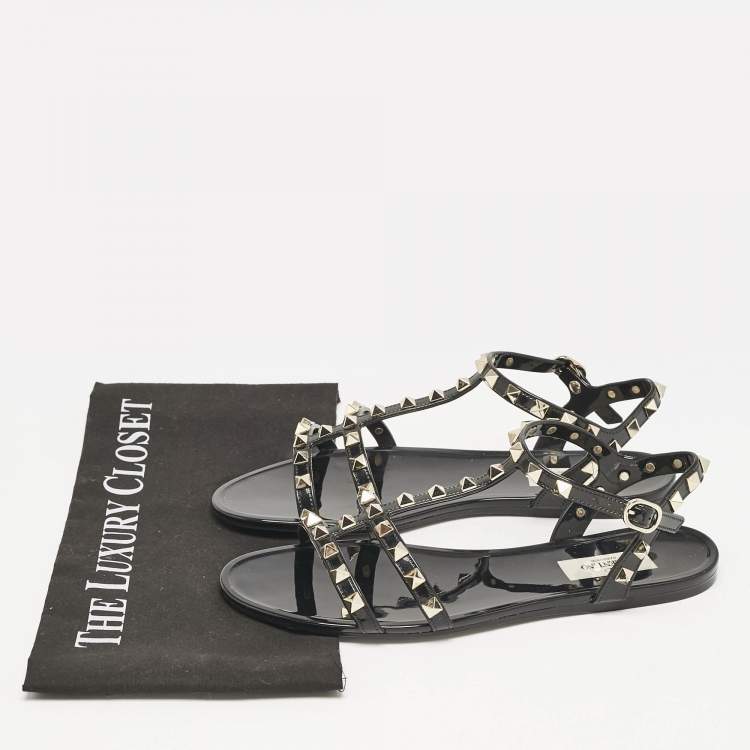 Pre Owned Valentino Black Rubber Rockstud Ankle Strap Flat Sandals Size 38