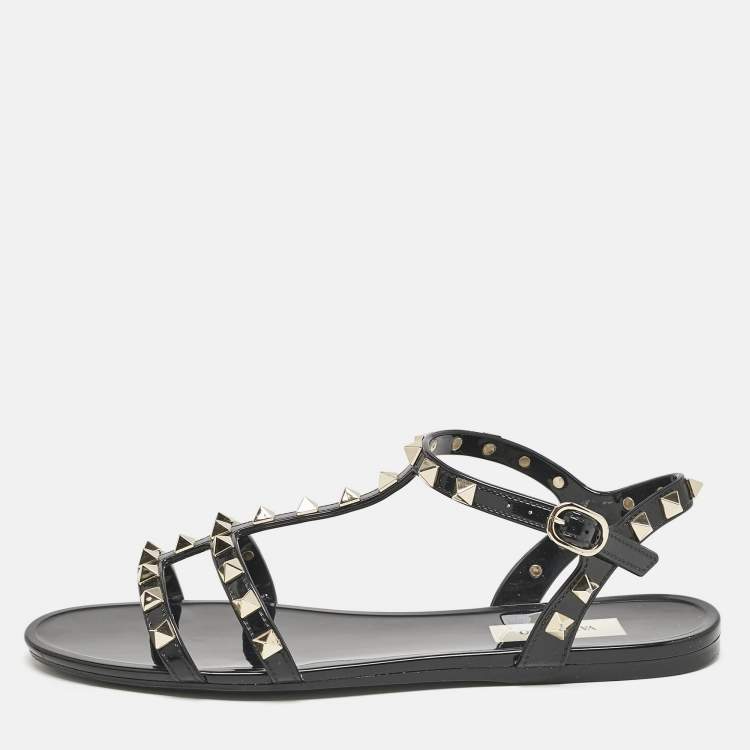 Pre Owned Valentino Black Rubber Rockstud Ankle Strap Flat Sandals Size 38