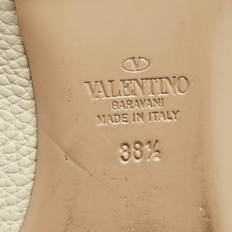 Pre Owned Valentino White Leather Rockstud Caged Ankle Strap Ballet Flats Size 38.5