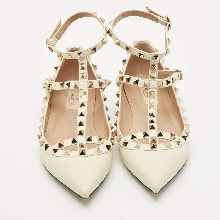 Pre Owned Valentino White Leather Rockstud Caged Ankle Strap Ballet Flats Size 38.5