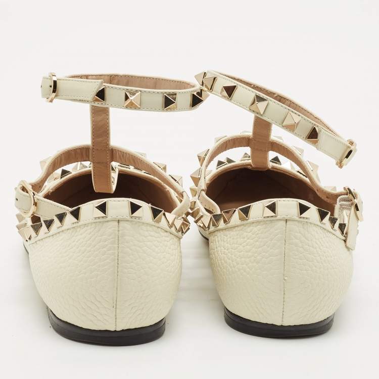 Pre Owned Valentino White Leather Rockstud Caged Ankle Strap Ballet Flats Size 38.5