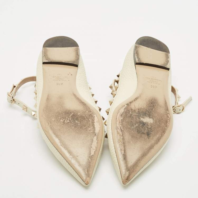 Pre Owned Valentino White Leather Rockstud Caged Ankle Strap Ballet Flats Size 38.5