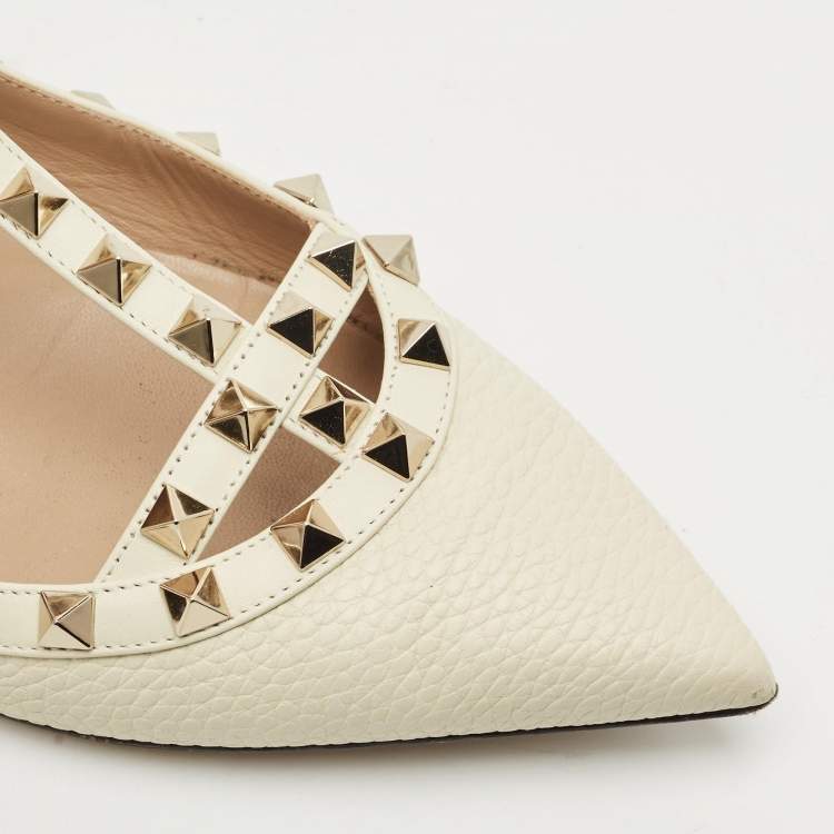 Pre Owned Valentino White Leather Rockstud Caged Ankle Strap Ballet Flats Size 38.5