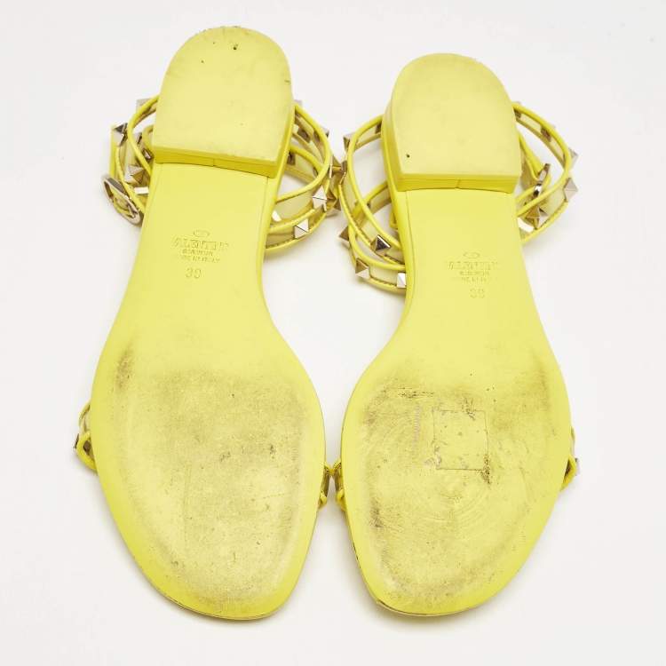 Pre Owned Valentino Yellow PVC and Leather Rockstud Ankle Strap Flat Sandals Size 39