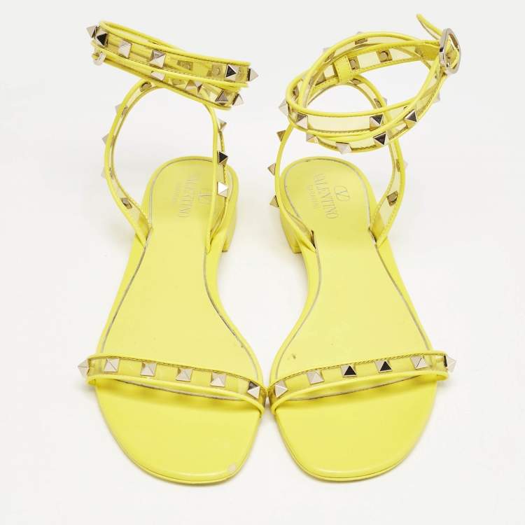Pre Owned Valentino Yellow PVC and Leather Rockstud Ankle Strap Flat Sandals Size 39