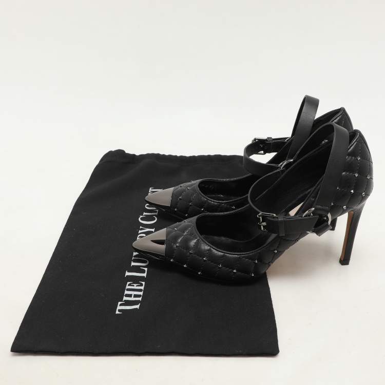 Pre Owned Valentino Black Quilted Leather Rockstud Spike Ankle Strap Cap Toe Pointed Pumps Size 36.5
