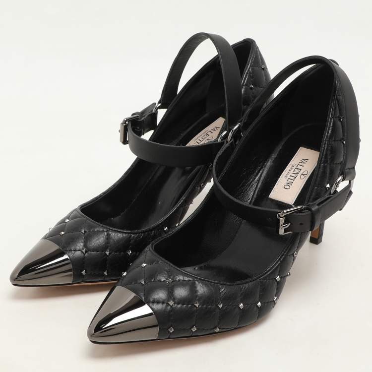 Pre Owned Valentino Black Quilted Leather Rockstud Spike Ankle Strap Cap Toe Pointed Pumps Size 36.5