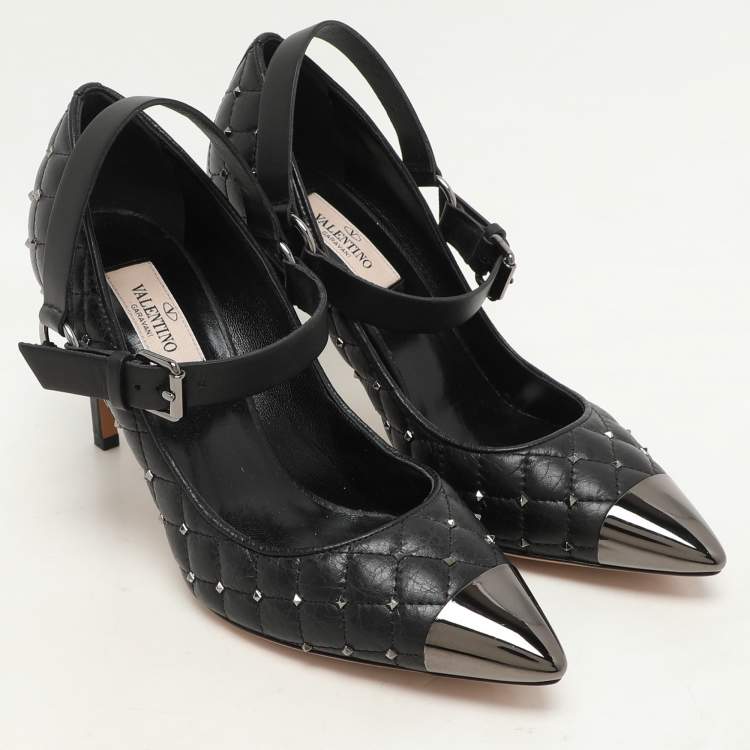 Pre Owned Valentino Black Quilted Leather Rockstud Spike Ankle Strap Cap Toe Pointed Pumps Size 36.5