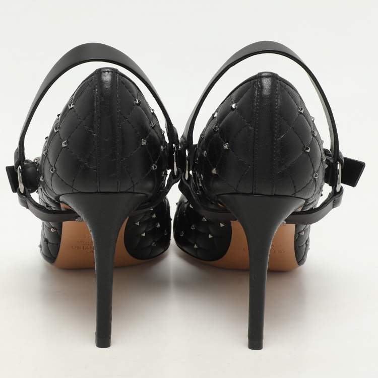 Pre Owned Valentino Black Quilted Leather Rockstud Spike Ankle Strap Cap Toe Pointed Pumps Size 36.5