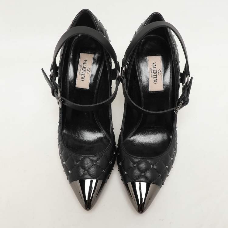Pre Owned Valentino Black Quilted Leather Rockstud Spike Ankle Strap Cap Toe Pointed Pumps Size 36.5