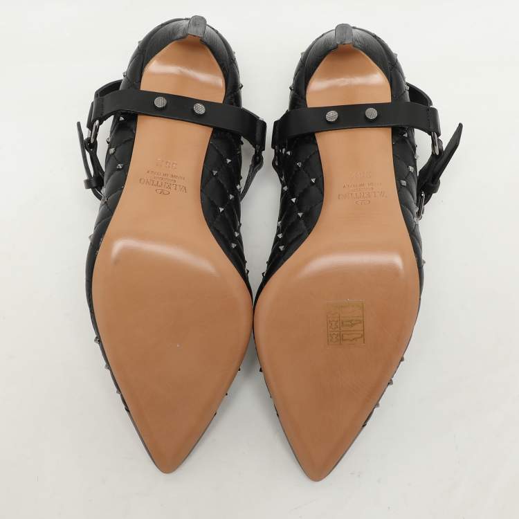 Pre Owned Valentino Black Quilted Leather Rockstud Spike Ankle Strap Cap Toe Pointed Pumps Size 36.5