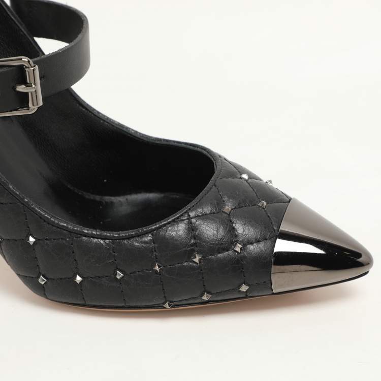 Pre Owned Valentino Black Quilted Leather Rockstud Spike Ankle Strap Cap Toe Pointed Pumps Size 36.5