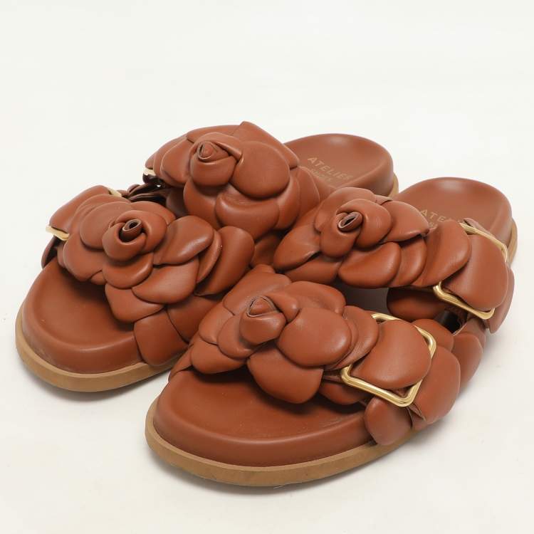 Pre Owned Valentino Brown Leather Atelier 03 Rose Edition Flat Slide Sandals Size 37