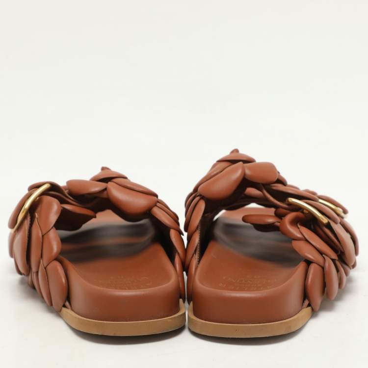Pre Owned Valentino Brown Leather Atelier 03 Rose Edition Flat Slide Sandals Size 37
