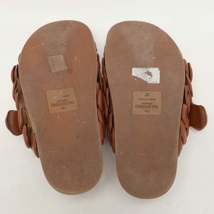 Pre Owned Valentino Brown Leather Atelier 03 Rose Edition Flat Slide Sandals Size 37