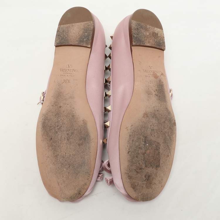 Pre Owned Valentino Pink Satin and Rockstud Ankle Strap Ballet Flats  Size 36.5