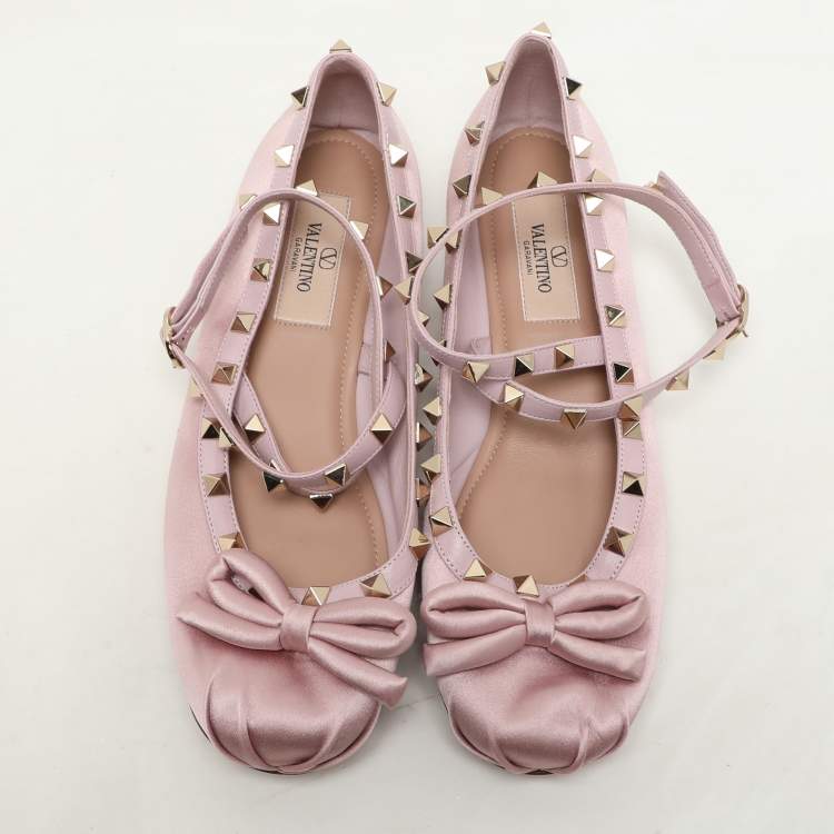 Pre Owned Valentino Pink Satin and Rockstud Ankle Strap Ballet Flats  Size 36.5