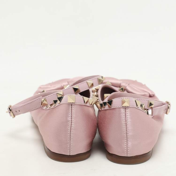 Pre Owned Valentino Pink Satin and Rockstud Ankle Strap Ballet Flats  Size 36.5