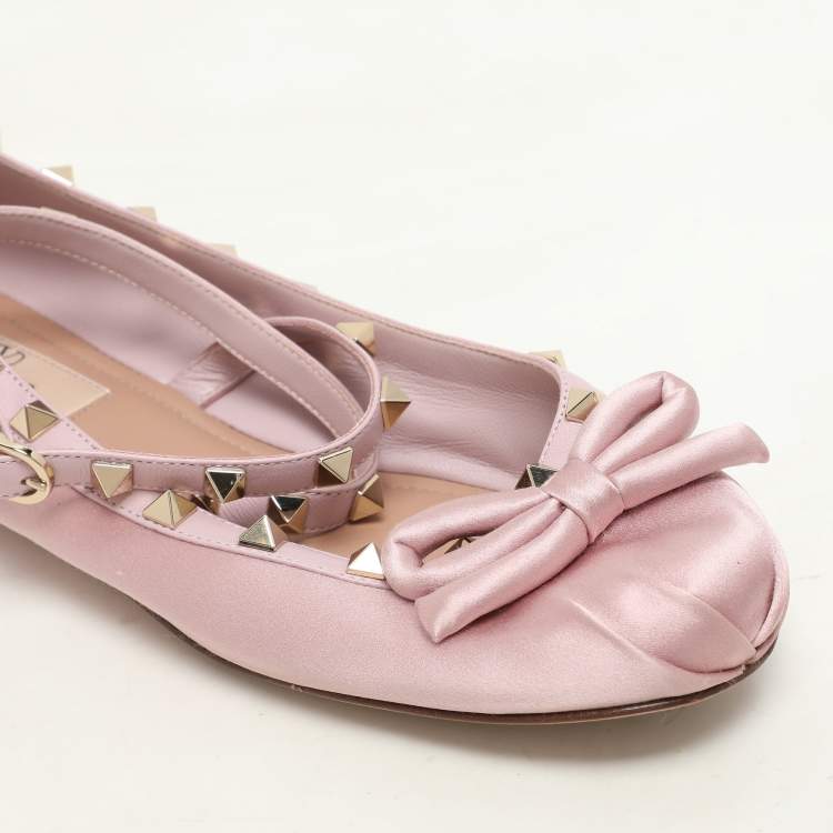 Pre Owned Valentino Pink Satin and Rockstud Ankle Strap Ballet Flats  Size 36.5