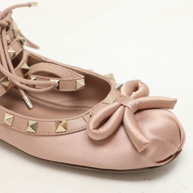 Pre Owned Valentino Rose Cannelle Satin and Leather Rockstud Multi Strap Ballet Flats Size 36.5