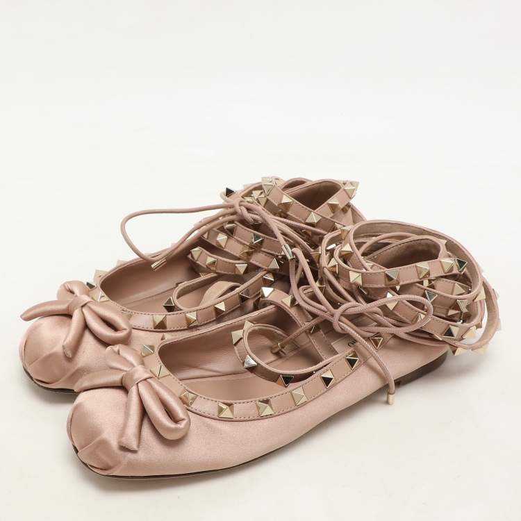 Pre Owned Valentino Rose Cannelle Satin and Leather Rockstud Multi Strap Ballet Flats Size 36.5