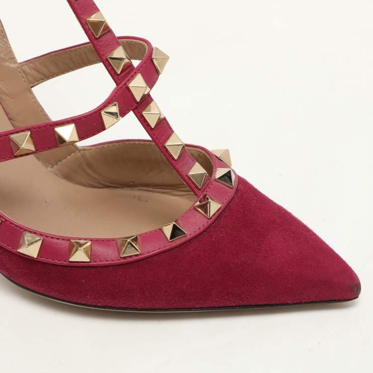 Pre Owned Valentino Pink Suede Rockstud Ankle Strap Pumps Size 37