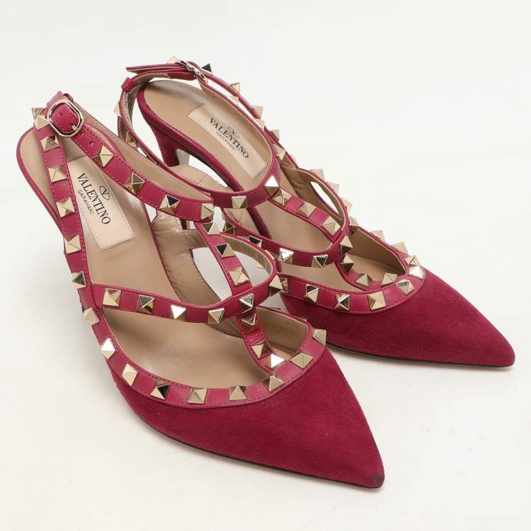 Pre Owned Valentino Pink Suede Rockstud Ankle Strap Pumps Size 37
