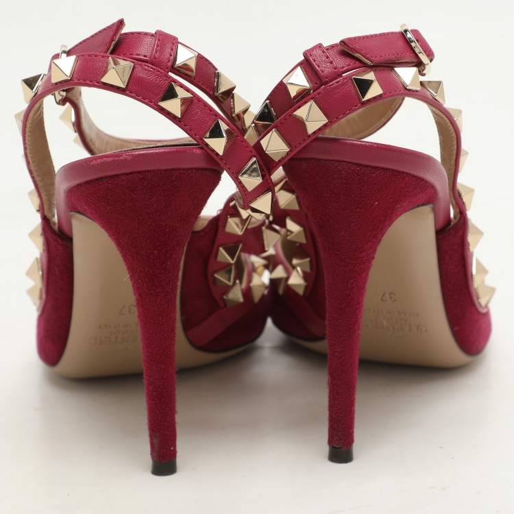 Pre Owned Valentino Pink Suede Rockstud Ankle Strap Pumps Size 37