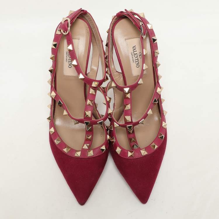 Pre Owned Valentino Pink Suede Rockstud Ankle Strap Pumps Size 37