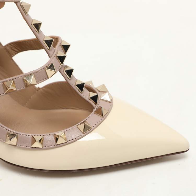 Pre Owned Valentino Cream/Beige Patent and Leather Rockstud Ankle Strap Pumps Size 37