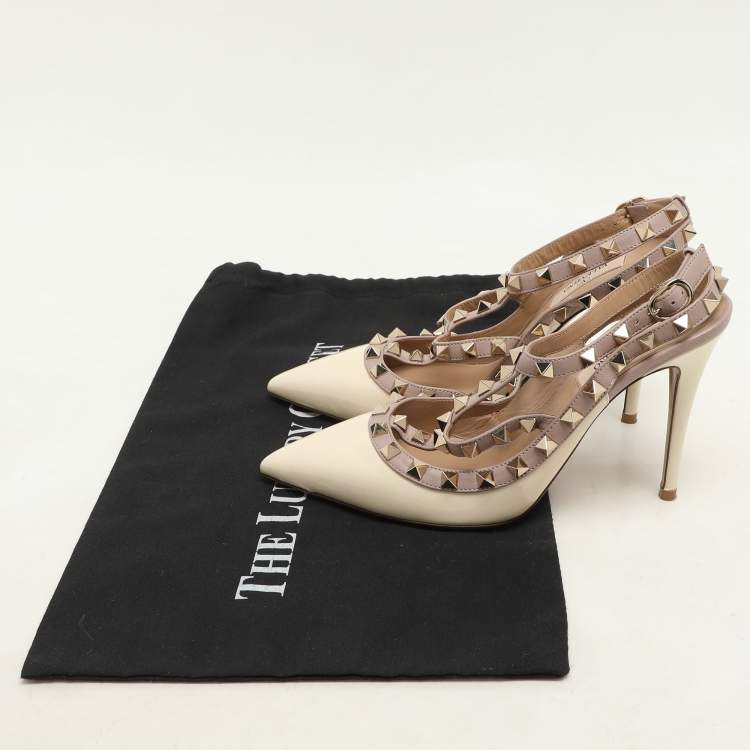 Pre Owned Valentino Cream/Beige Patent and Leather Rockstud Ankle Strap Pumps Size 37